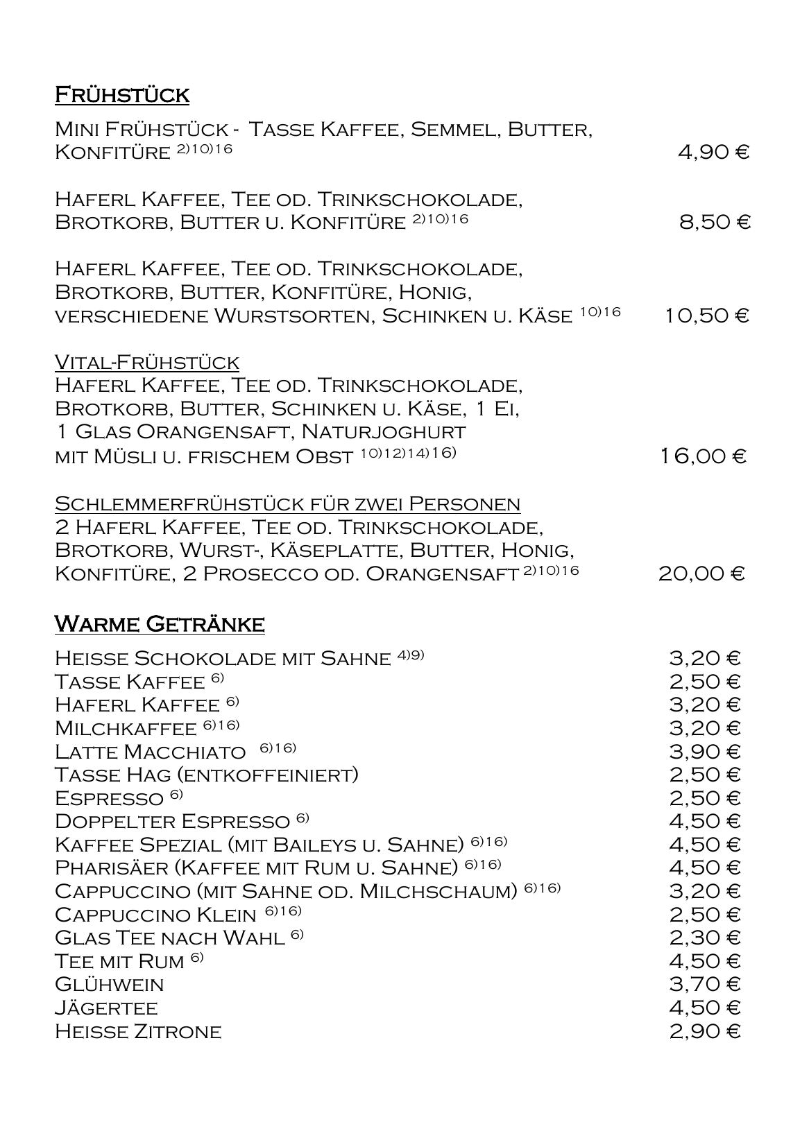 Speisekarte Seite 1